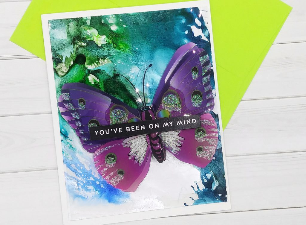 Interactive Cards with 3D Butterfly Stickers from Dollar Tree & Alcohol Inked over Acetate