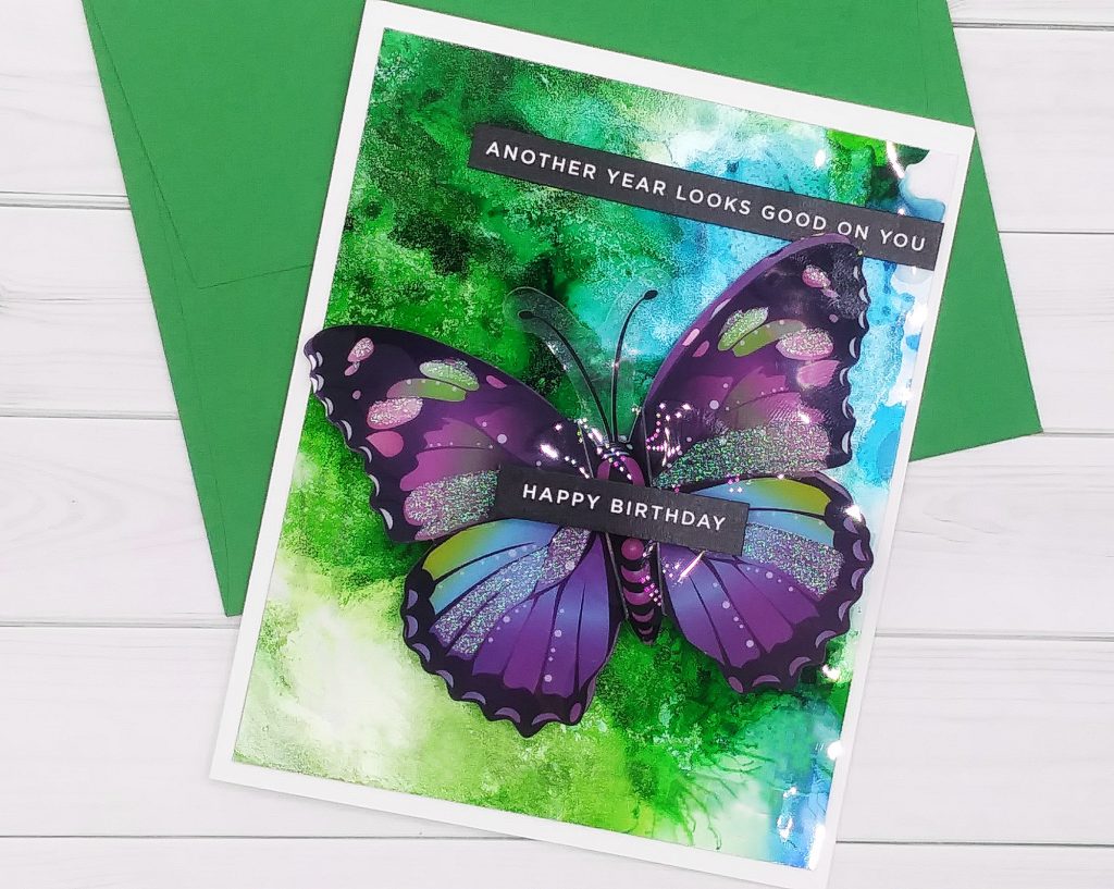 Interactive Cards with 3D Butterfly Stickers from Dollar Tree & Alcohol Inked over Acetate