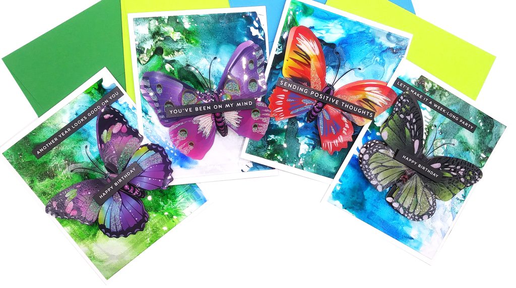 Interactive Cards with 3D Butterfly Stickers from Dollar Tree & Alcohol Inked over Acetate