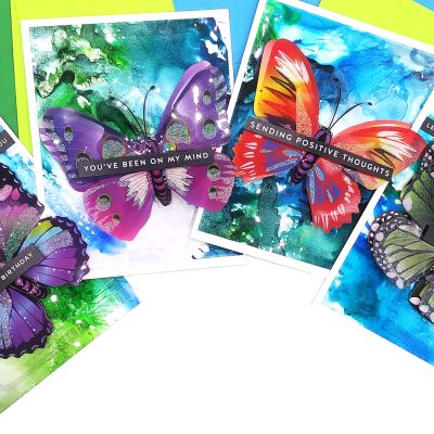 Interactive Cards with 3D Butterfly Stickers from Dollar Tree & Alcohol Inked over Acetate