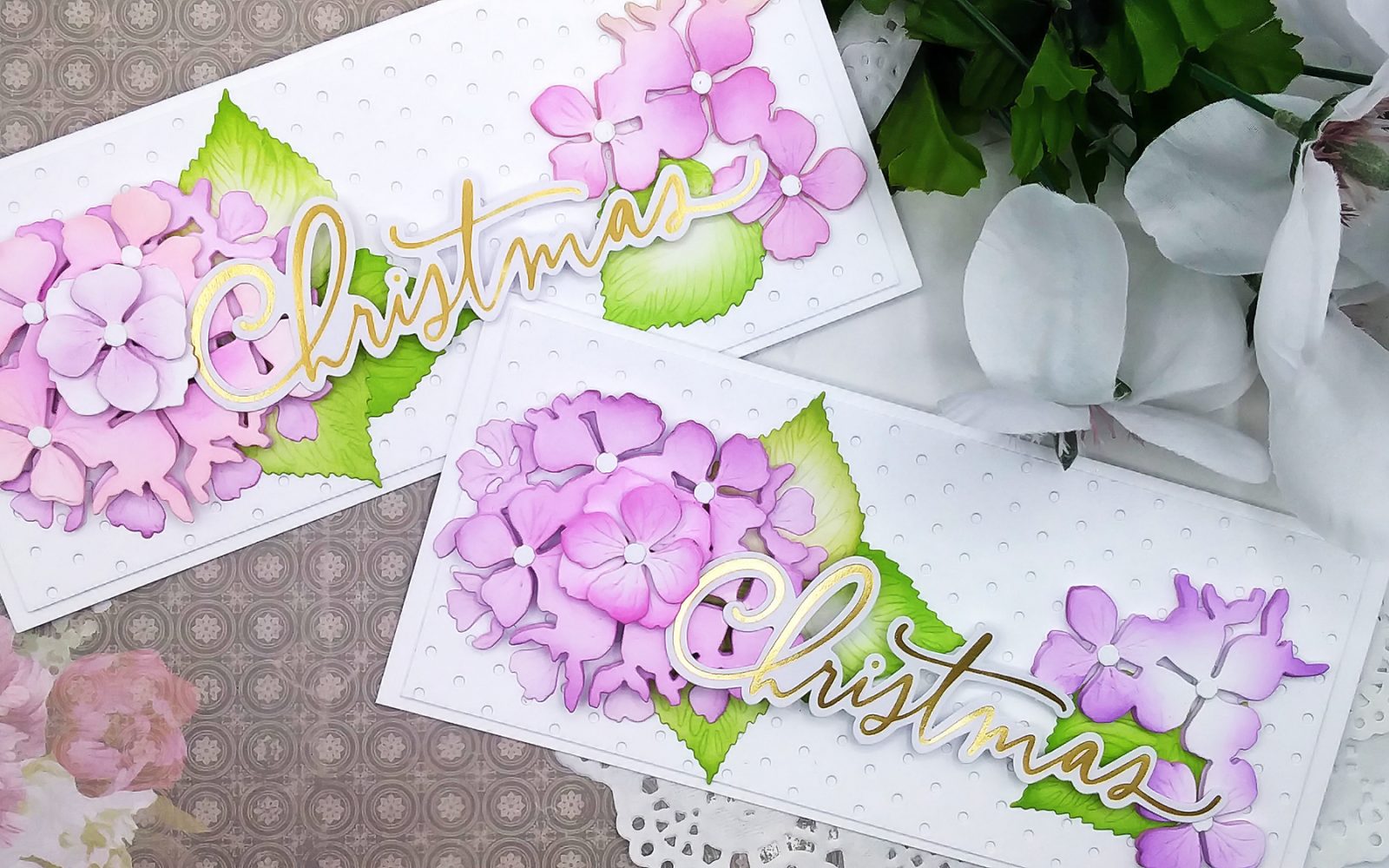 RE-POST: Slimline Christmas Cards with Honey Bee Stamps Hydrangeas Layered Dies