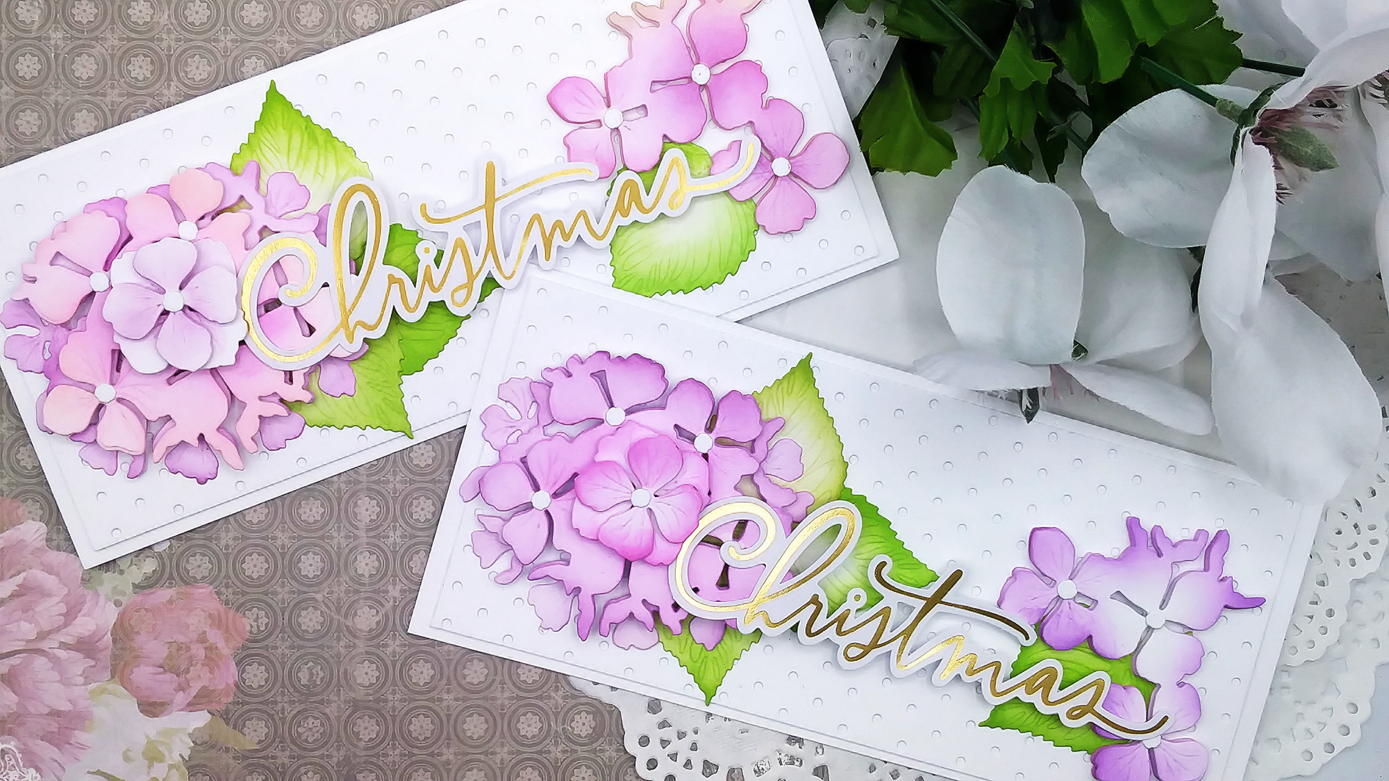 Slimline Christmas Cards with Honey Bee Stamps Hydrangeas Layered Dies