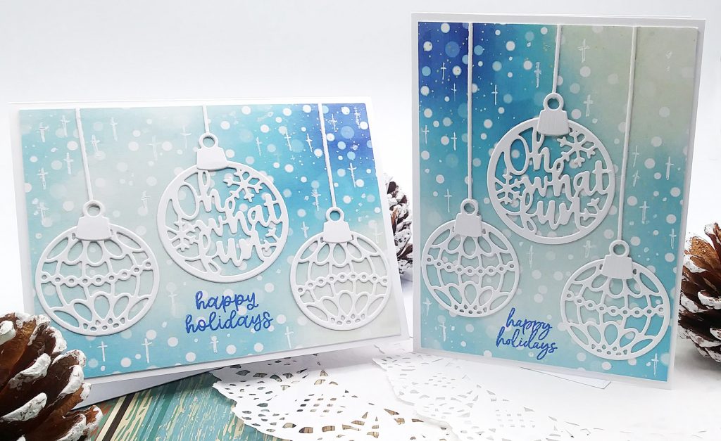 Christmas Ornaments Cards with Whimsy Stamps Flurry Blurry Papers