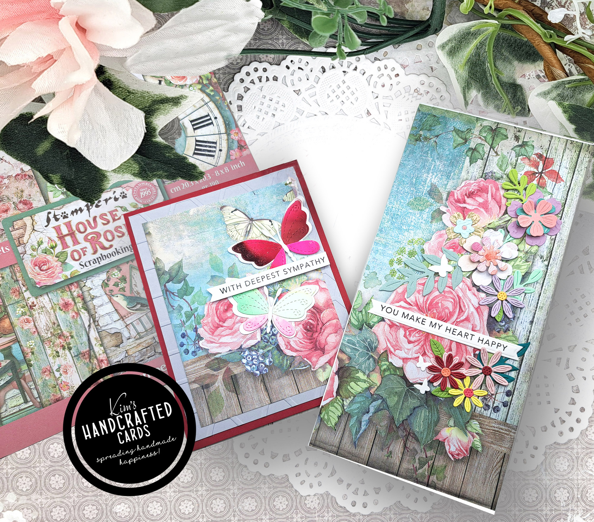 Butterflies, Flowers Cards with Stamperia House of Roses Paper Pack