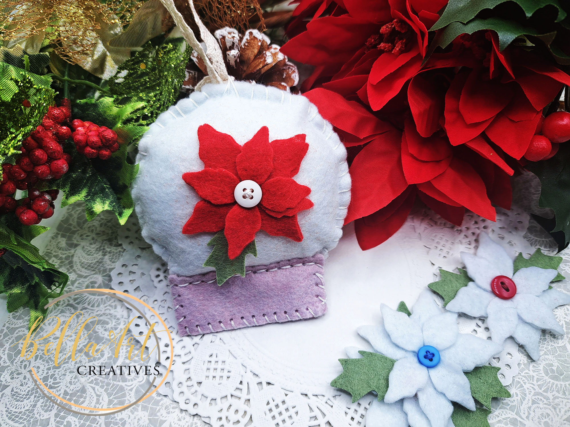 Another Stitched Snow Globe Ornament with Pretty Felt Poinsietta Flowers