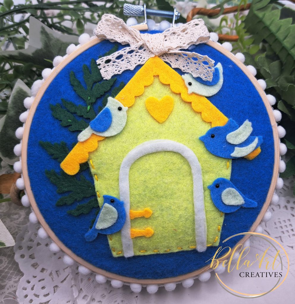 Stitched Birdhouse Scenes on Embroidery Hoops